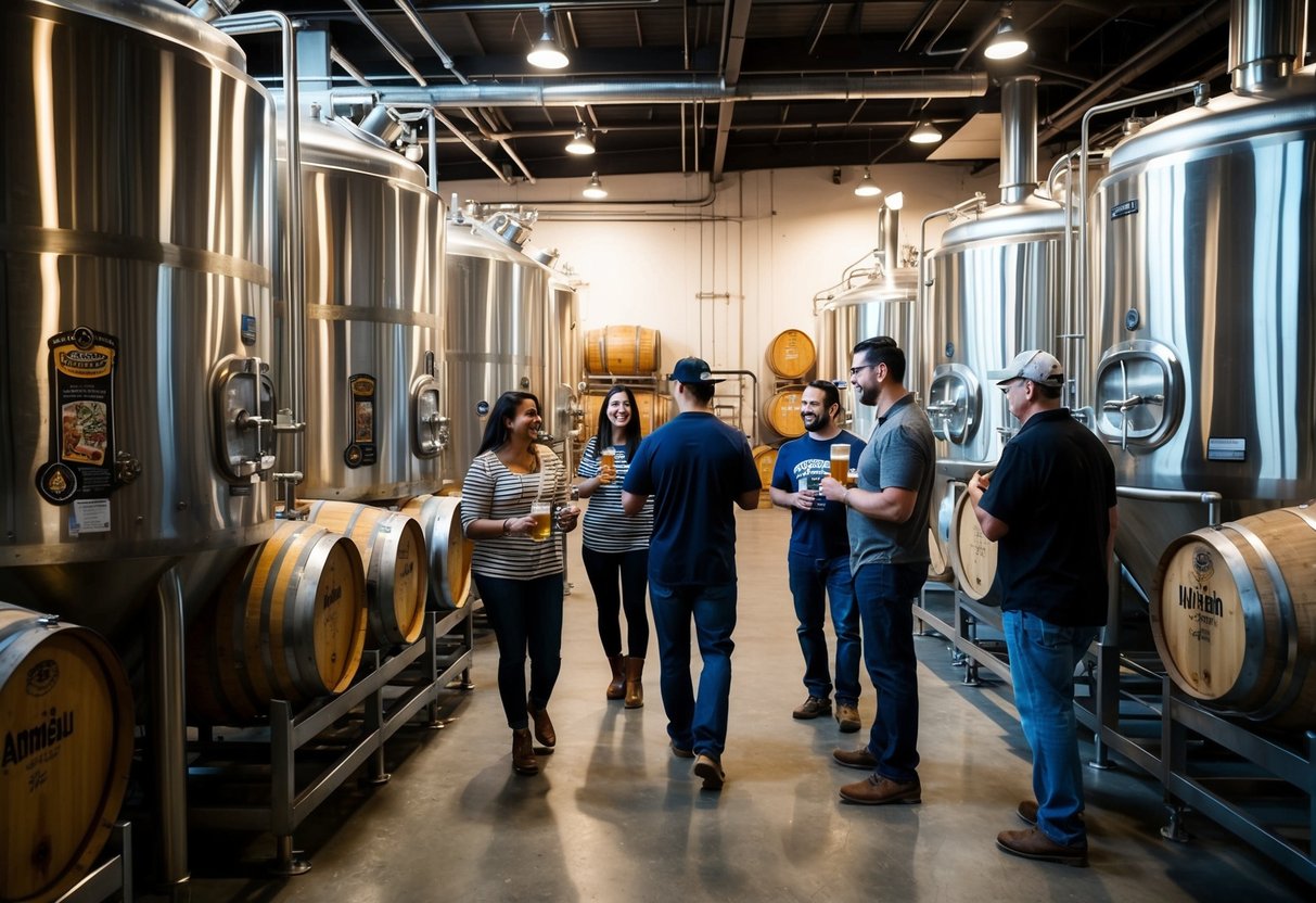 Visitors walk through the Anaheim Brewery, observing large metal tanks and wooden barrels. A guide explains the beer-making process as the group samples different brews