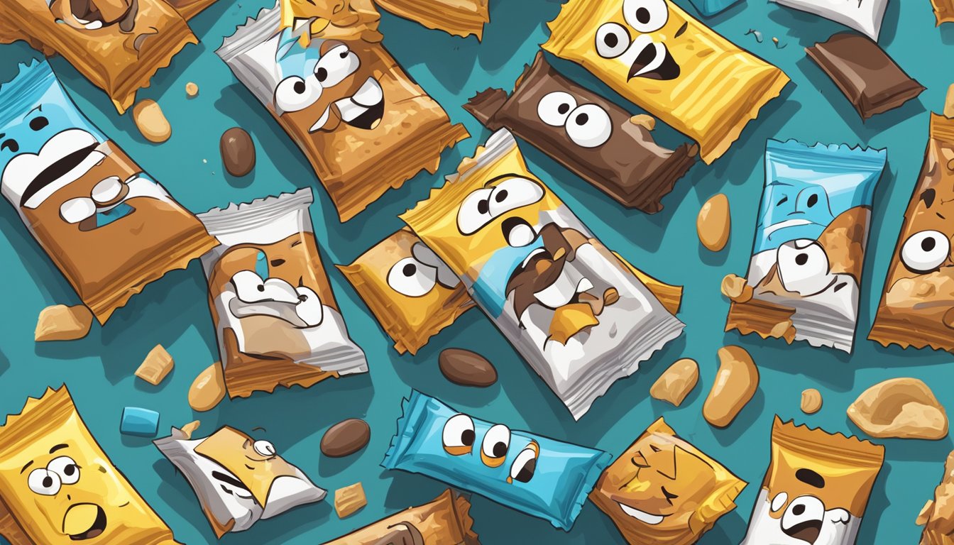 A pile of empty energy bar wrappers surrounded by yawning and droopy-eyed characters