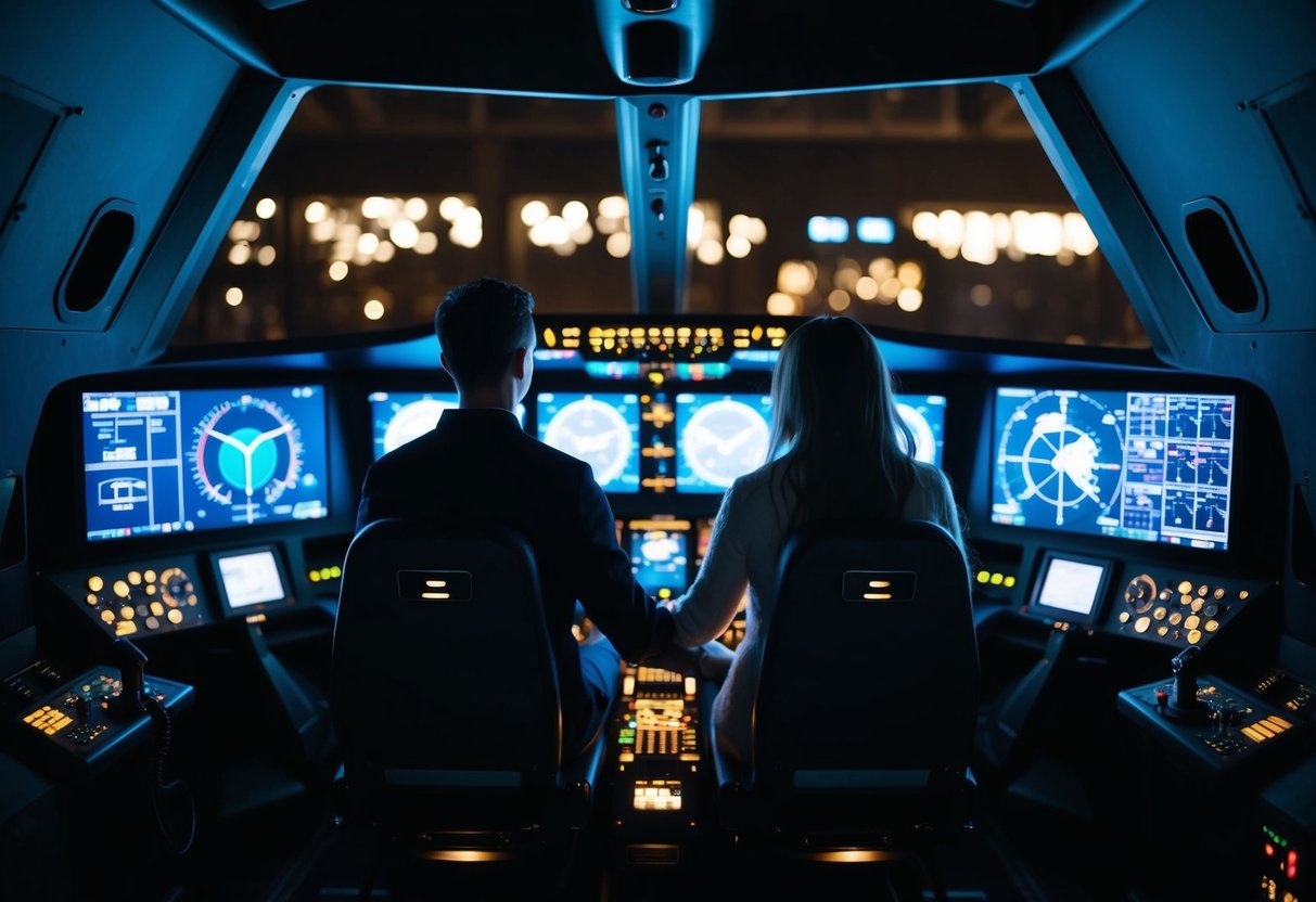 A couple sits in a realistic flight simulator, surrounded by screens and controls. The room is dimly lit, with the glow of the screens illuminating their faces