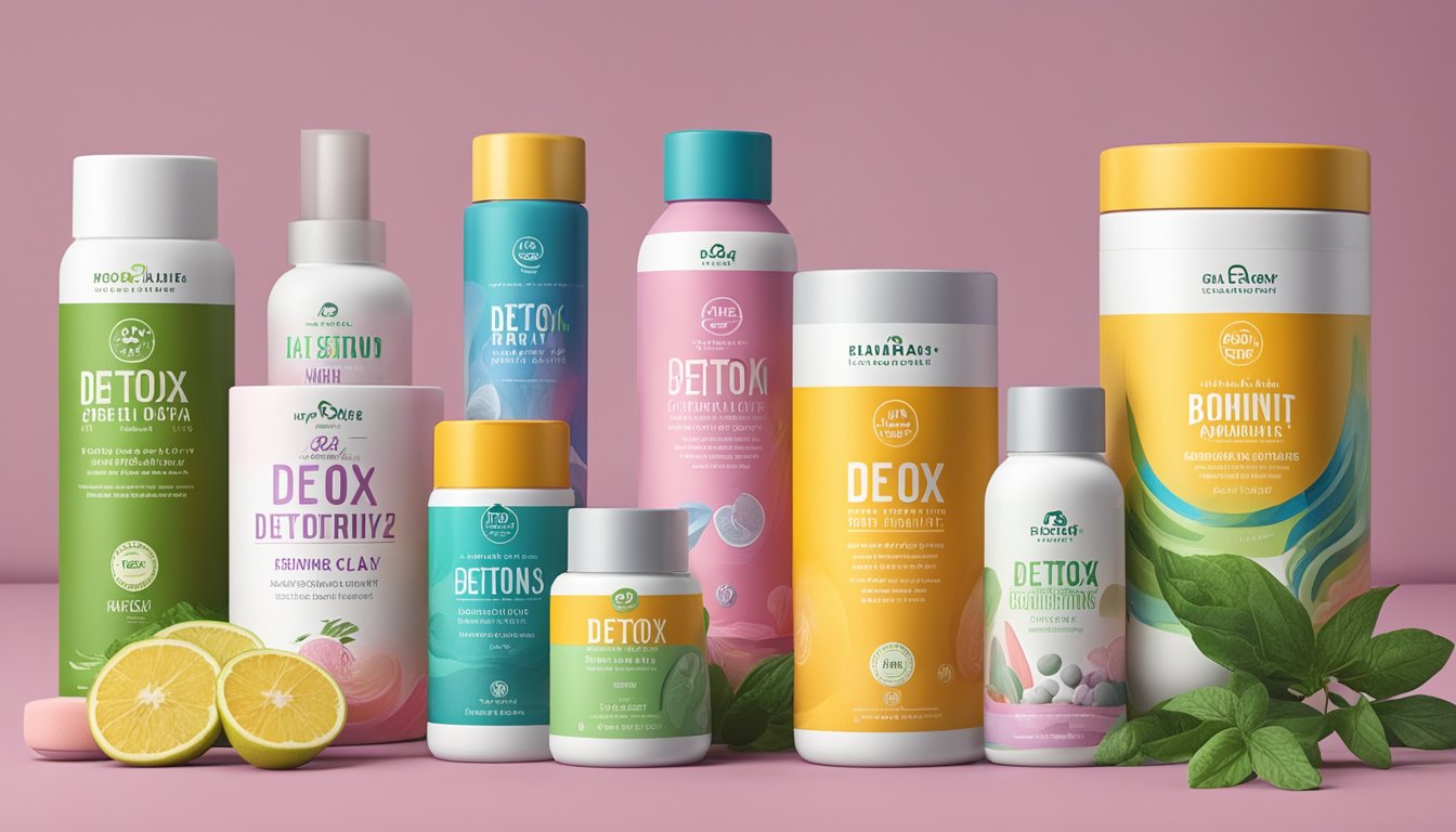 A variety of detox products, including bentonite clay drinks, sit on a shelf, surrounded by vibrant packaging and bold claims