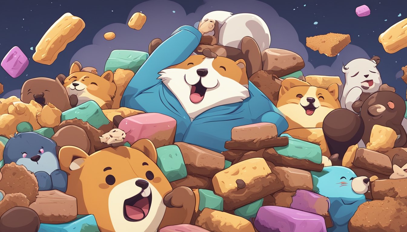 A pile of energy bars surrounded by sleepy characters and yawning animals