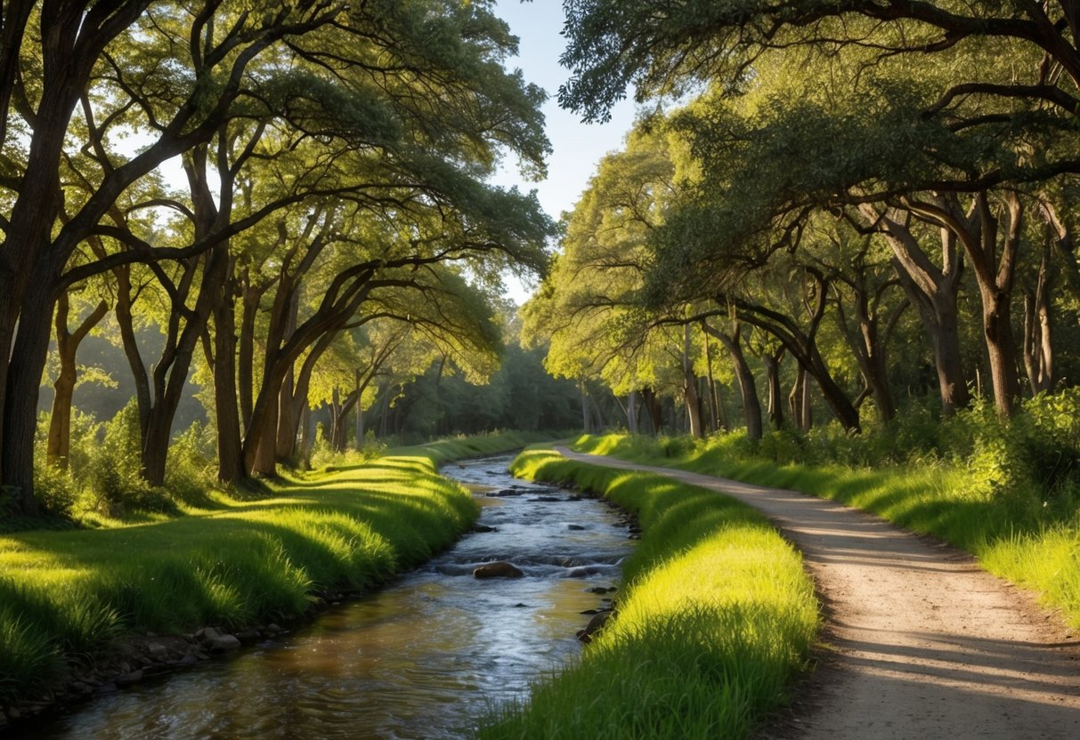 Sunlight filters through dense oak trees, casting dappled shadows on the winding trail. A gentle stream flows alongside, its babbling providing a soothing soundtrack to the serene nature walk