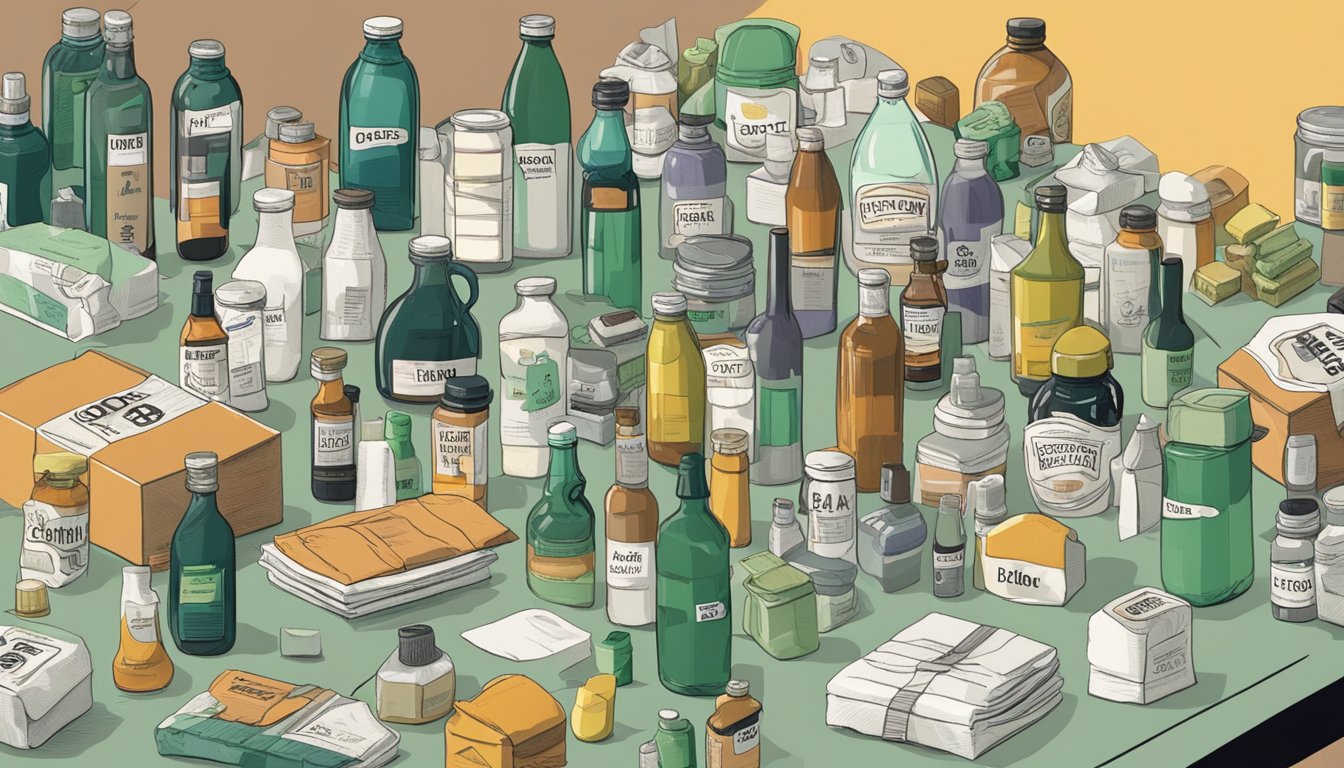 A cluttered table with various bottles and packages labeled as "detox" products, surrounded by skeptical consumers shaking their heads