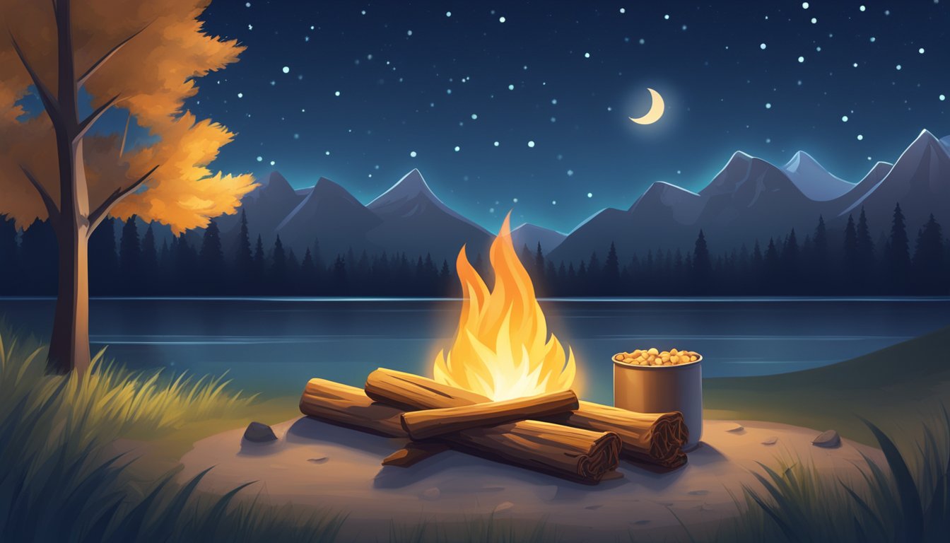 A peaceful night scene with a starry sky and a cozy campfire surrounded by empty energy bar wrappers