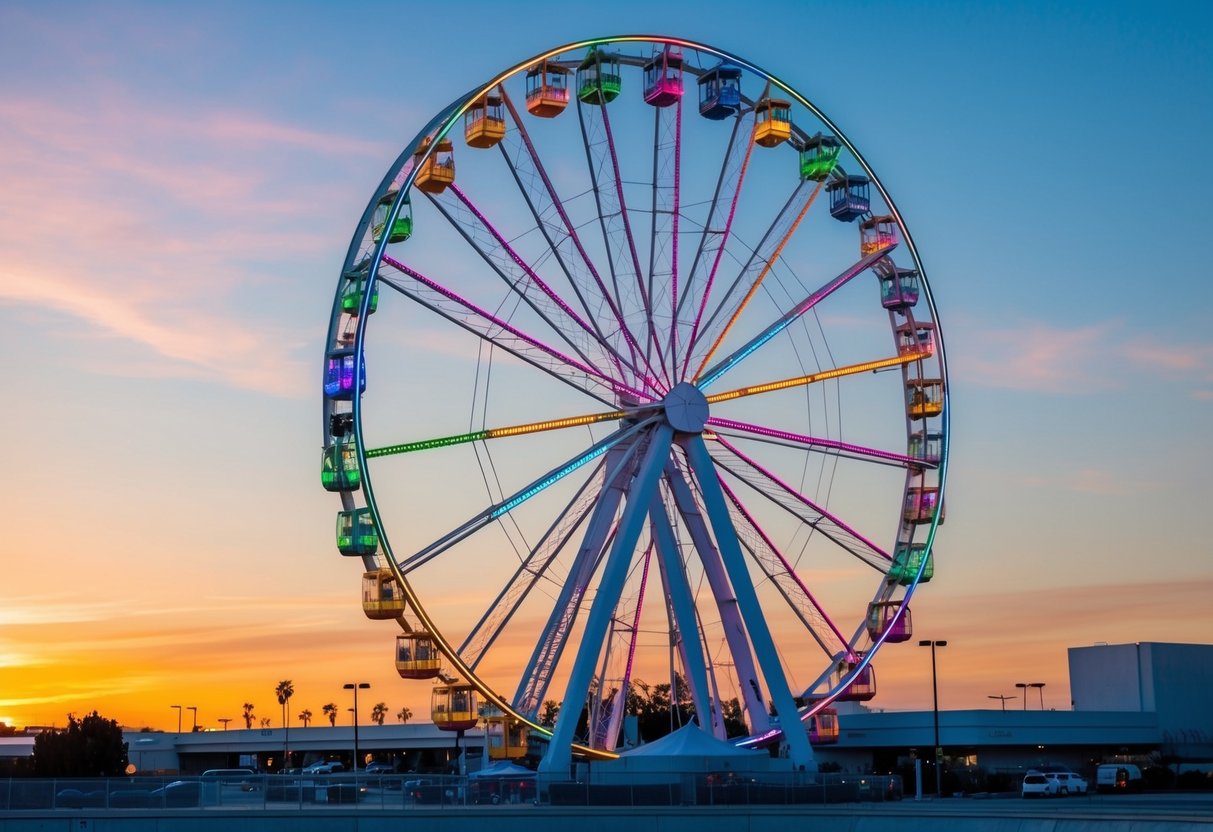 A colorful Ferris wheel spins against a sunset sky, towering over the Anaheim Regional Transportation Intermodal Center