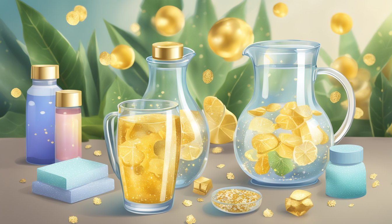 A clear glass pitcher filled with water and gold flakes, surrounded by various "detox" products in the background