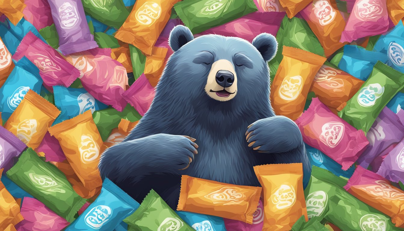 A sleepy bear surrounded by open energy bar wrappers, yawning and rubbing its eyes