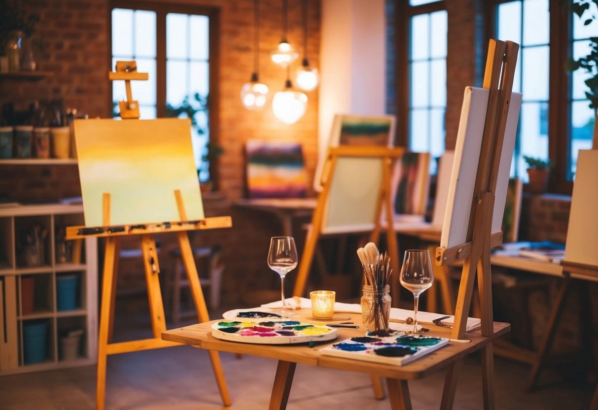 A cozy art studio with easels, paint palettes, and canvases set up for a romantic date night. Warm lighting and a relaxed atmosphere