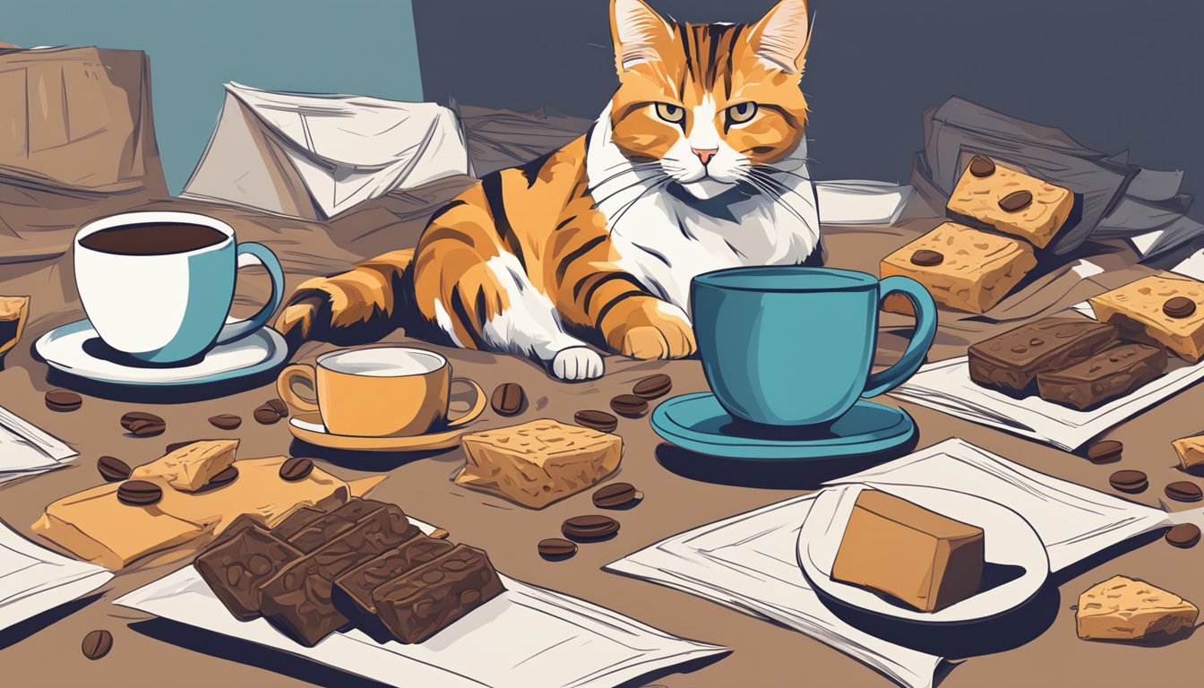 A pile of energy bars scattered on a table, surrounded by empty coffee cups and a yawning cat