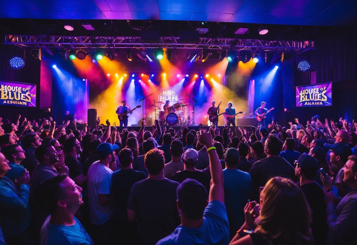 Crowd cheers as colorful lights illuminate the stage at House of Blues Anaheim. Music fills the air as the band performs, creating an energetic and lively atmosphere