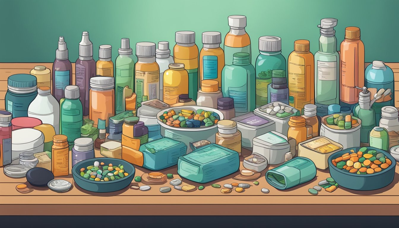 A cluttered table with various detox products, including bottles, pills, and powders, surrounded by bold, exaggerated claims of effectiveness