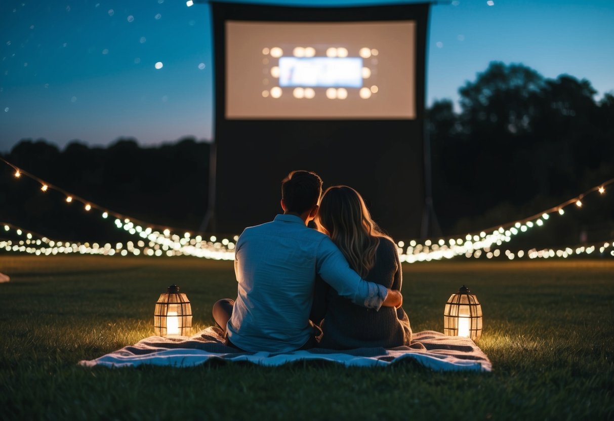 A couple sits on a blanket under the night sky, surrounded by twinkling lights and a large screen showing a movie