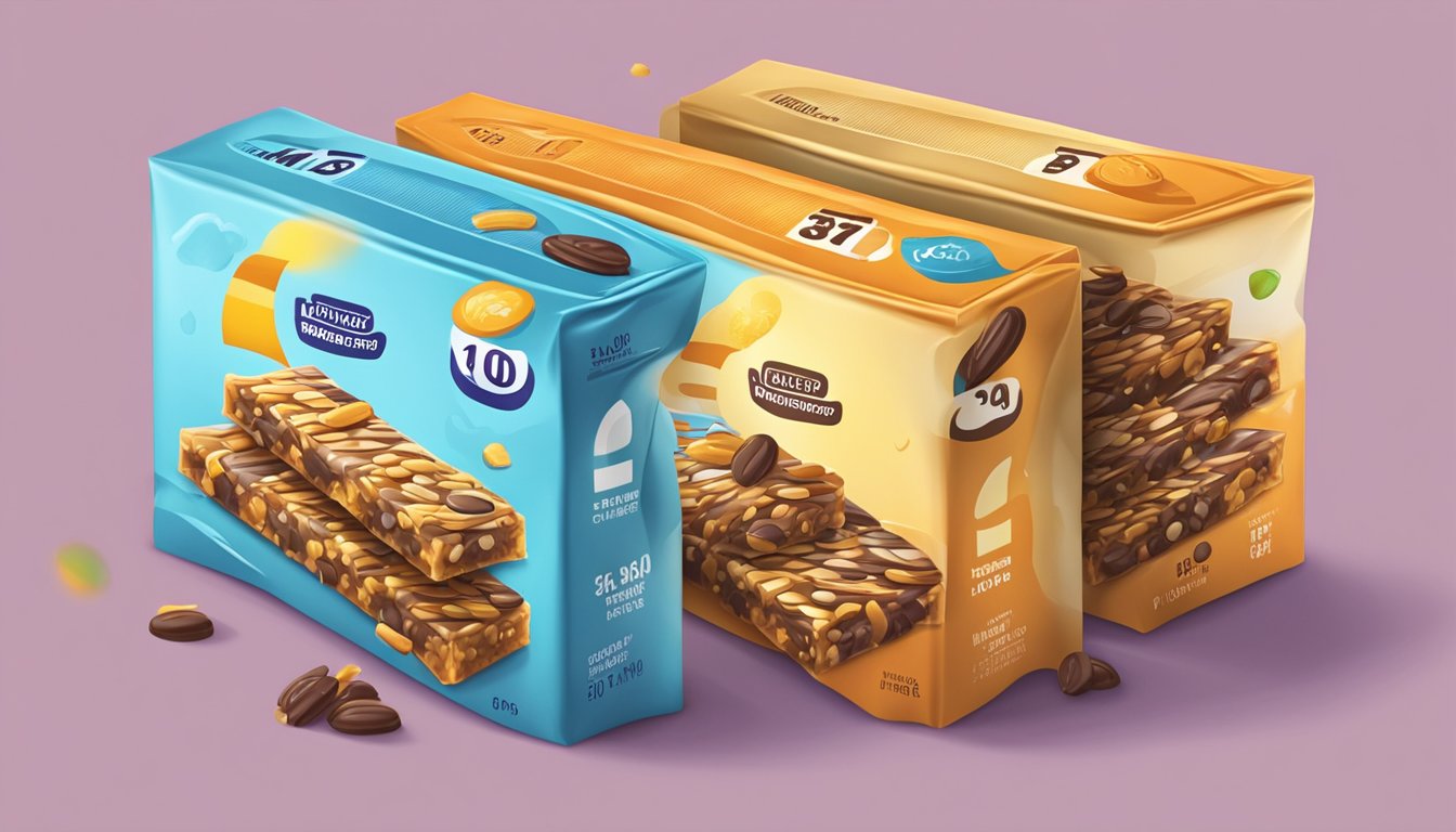 A colorful display of energy bars with sleepy, droopy eyes on the packaging