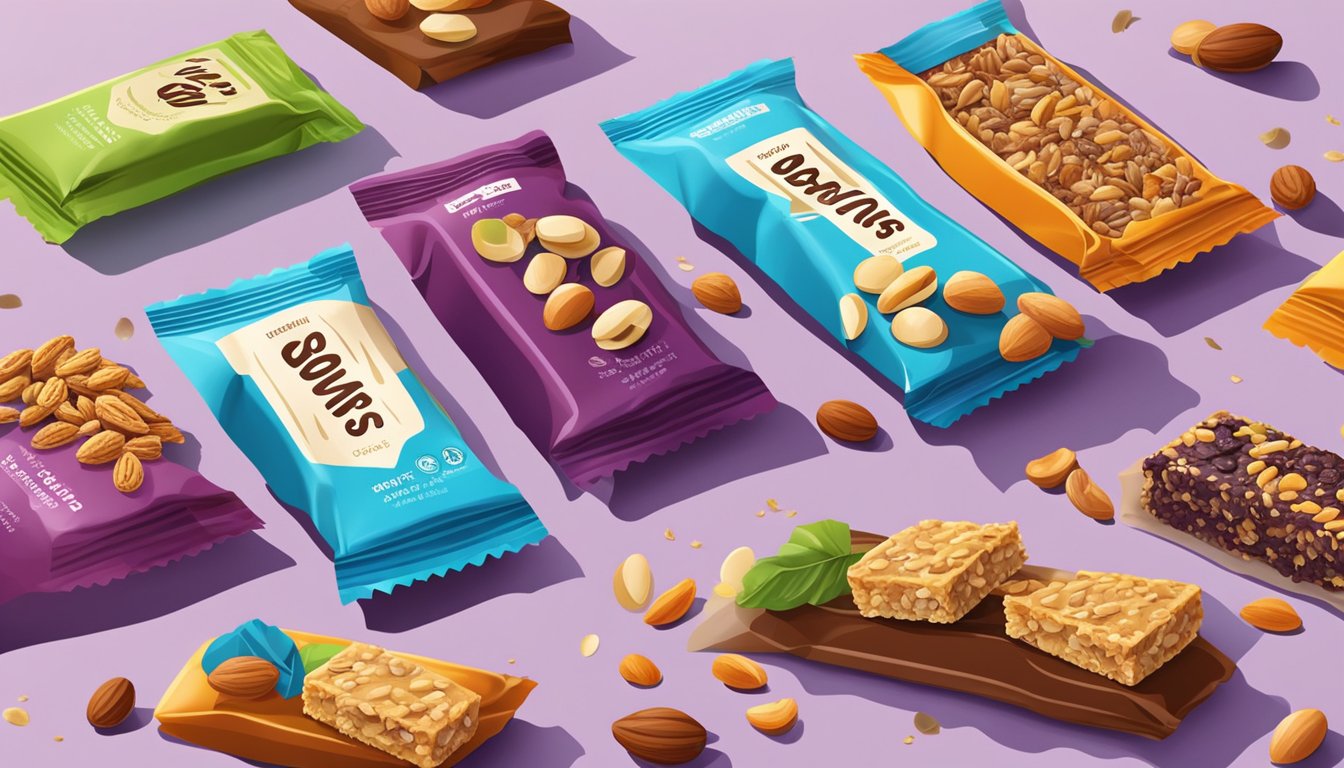 A variety of energy bars scattered on a table, with ingredients like nuts, oats, and dried fruit visible. Bright packaging and bold colors