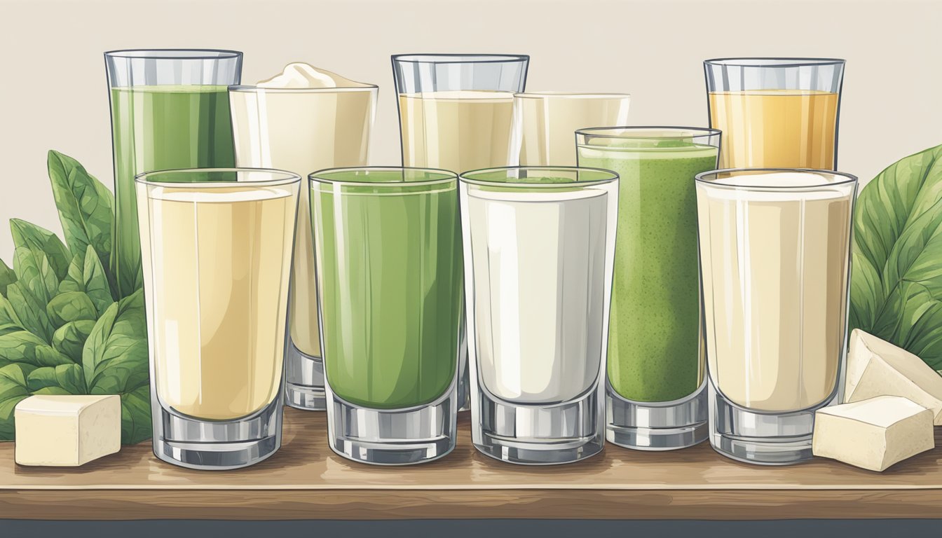 A glass of cow's milk towering over seven smaller glasses of different plant-based milks