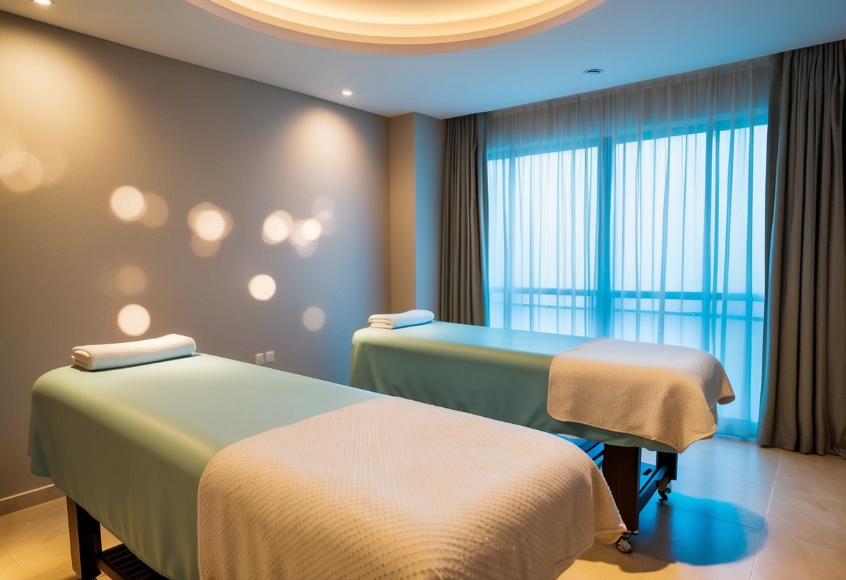 A serene spa room with two massage tables, soft lighting, and calming music