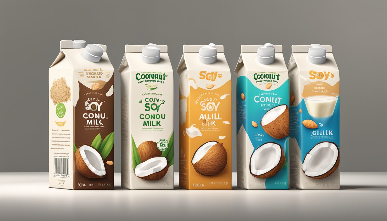 A variety of coconut, almond, and soy milk cartons arranged on a shelf, with a cow's milk carton standing out as the superior option