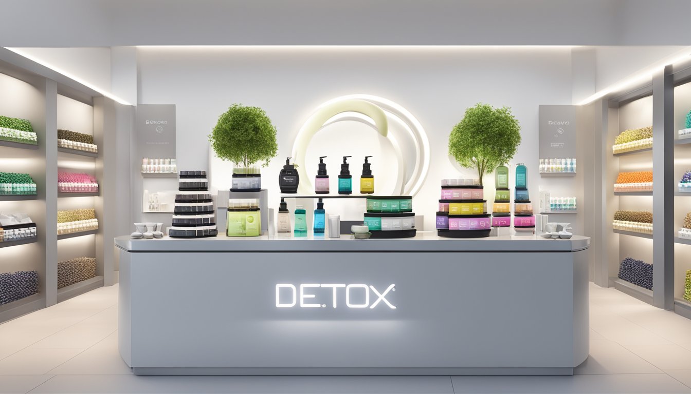 A collection of magnetic detox bracelets arranged on a sleek, modern display stand, surrounded by various "detox" products