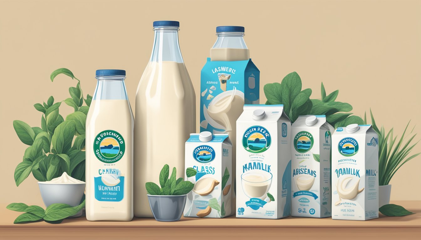 A glass of unsweetened cashew milk surrounded by six other plant-based milk cartons, with a cow's milk carton standing taller in the background