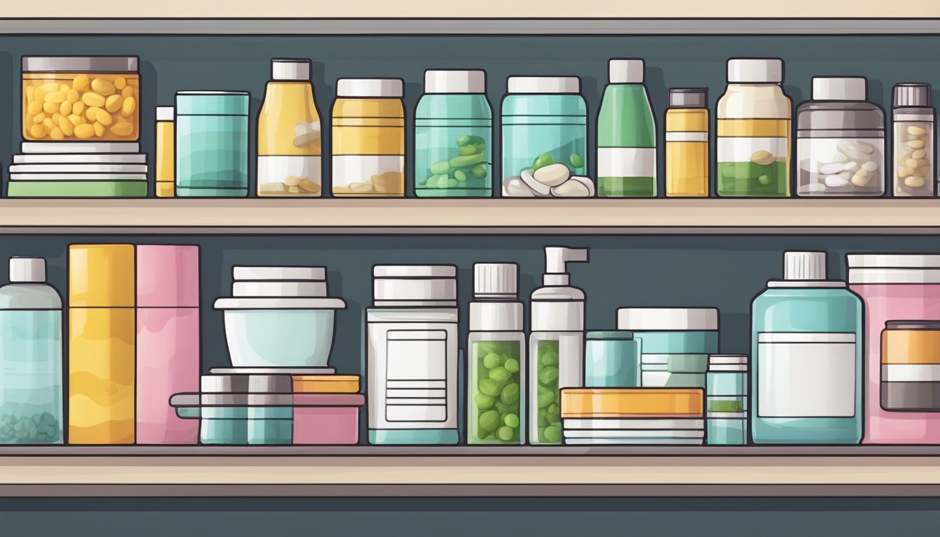 A cluttered bathroom shelf with various detox products, including pills, teas, and powders, arranged haphazardly