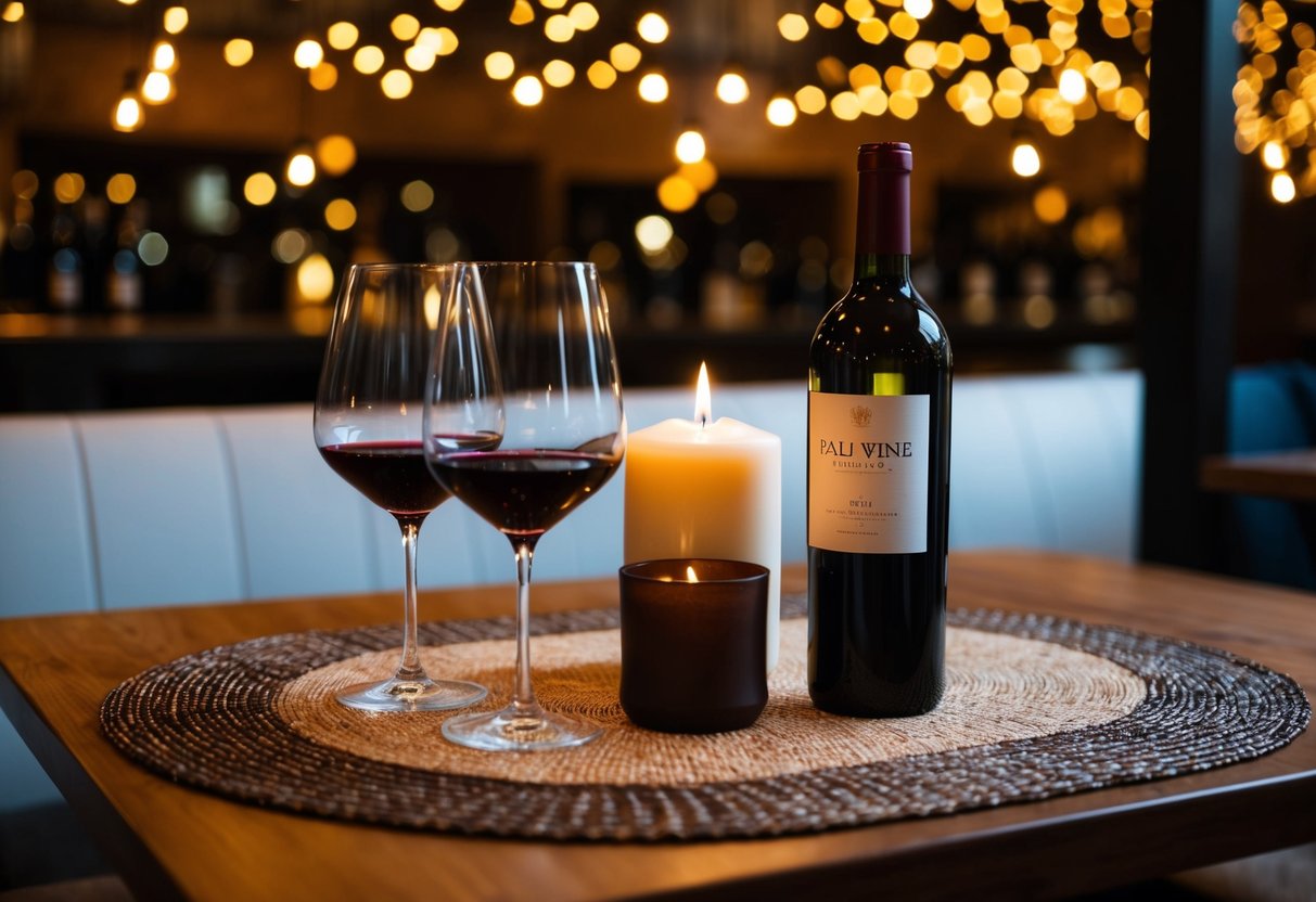 A cozy table set with two wine glasses, a bottle of wine, and a candle at Pali Wine Co. in Anaheim