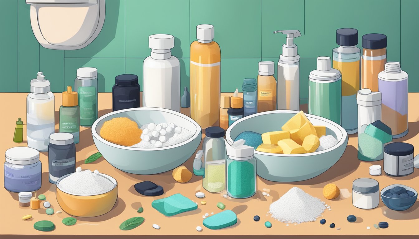 A cluttered bathroom counter with various detox products scattered around, including pills, powders, and teas