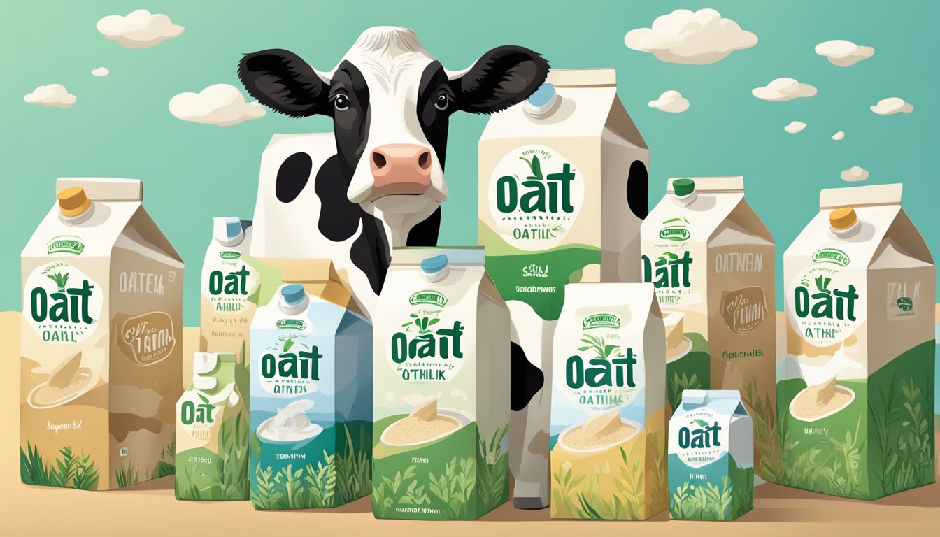 A carton of Oat Yeah Oatmilk surrounded by seven plant-based milk cartons, with a cow's milk carton standing taller and more prominent in the center