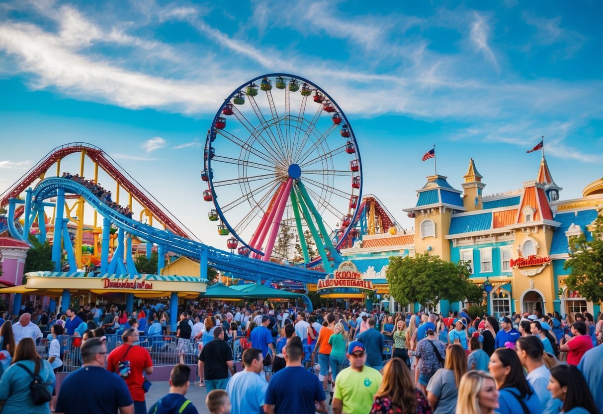A vibrant scene of roller coasters, Ferris wheel, and colorful buildings at Disneyland's California Adventure. Crowds of people enjoying the attractions and entertainment