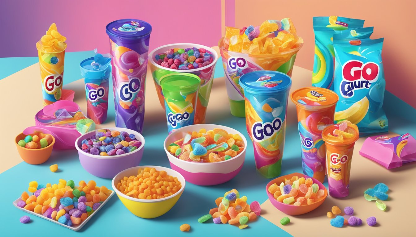 A colorful array of Go-GURT tubes and various sugary, processed snacks arranged on a table, with vibrant packaging and playful designs