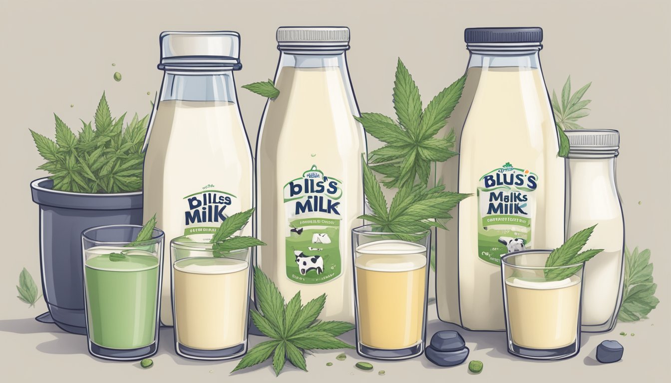 A glass of Hemp Bliss Organic Hemp Milk surrounded by six other plant-based milks in various containers, with a cow's milk carton placed above them