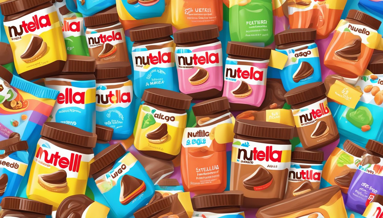 A colorful array of Nutella & Go! packages surrounded by other supposedly healthy kids' snacks, all arranged on a bright, playful background