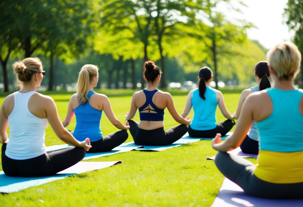 A group of people practicing yoga in a sunny park, surrounded by trees and greenery. Mats are laid out on the grass as the instructor leads the class