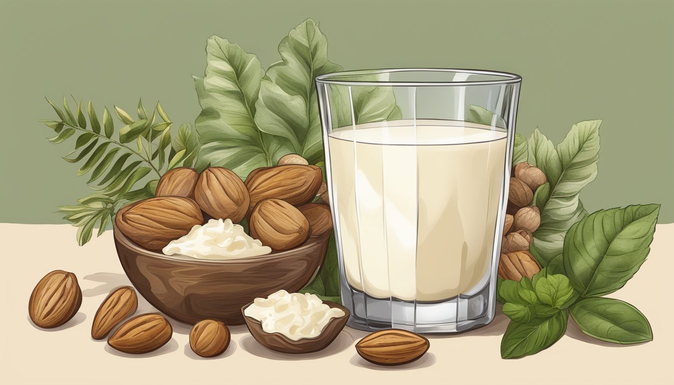 A glass of cow's milk surrounded by various nuts and plants