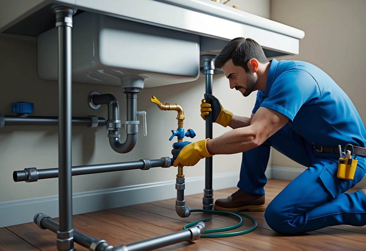 A plumber fixing a leak under a sink with tools and pipes