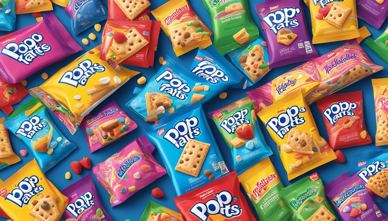 A colorful display of Kellogg's Pop-Tarts surrounded by other packaged snacks, with bright, playful packaging and enticing imagery