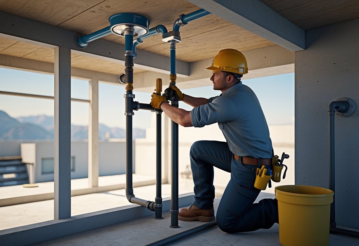 A construction site with a plumber working on pipes and fixtures