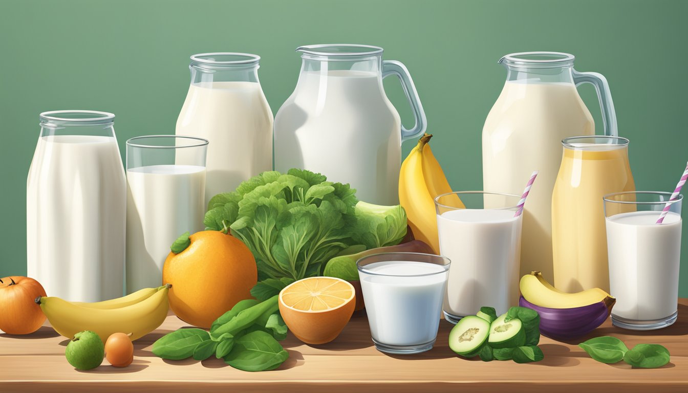 A variety of plant-based milk cartons arranged on a wooden table, surrounded by measuring cups, fruits, and vegetables. A cow's milk carton stands prominently in the center