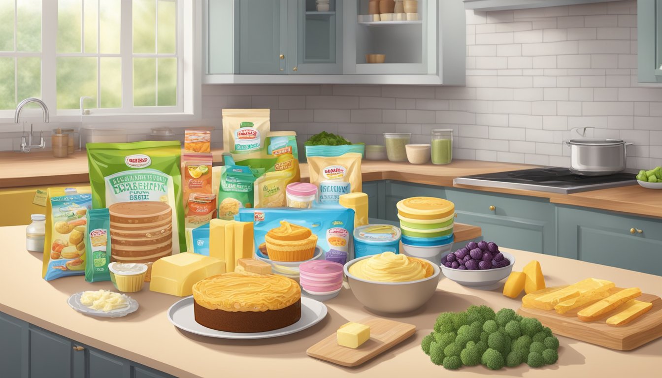 A kitchen counter with various packaged cake mixes, surrounded by ingredients like vegetable shortening, margarine, and processed foods