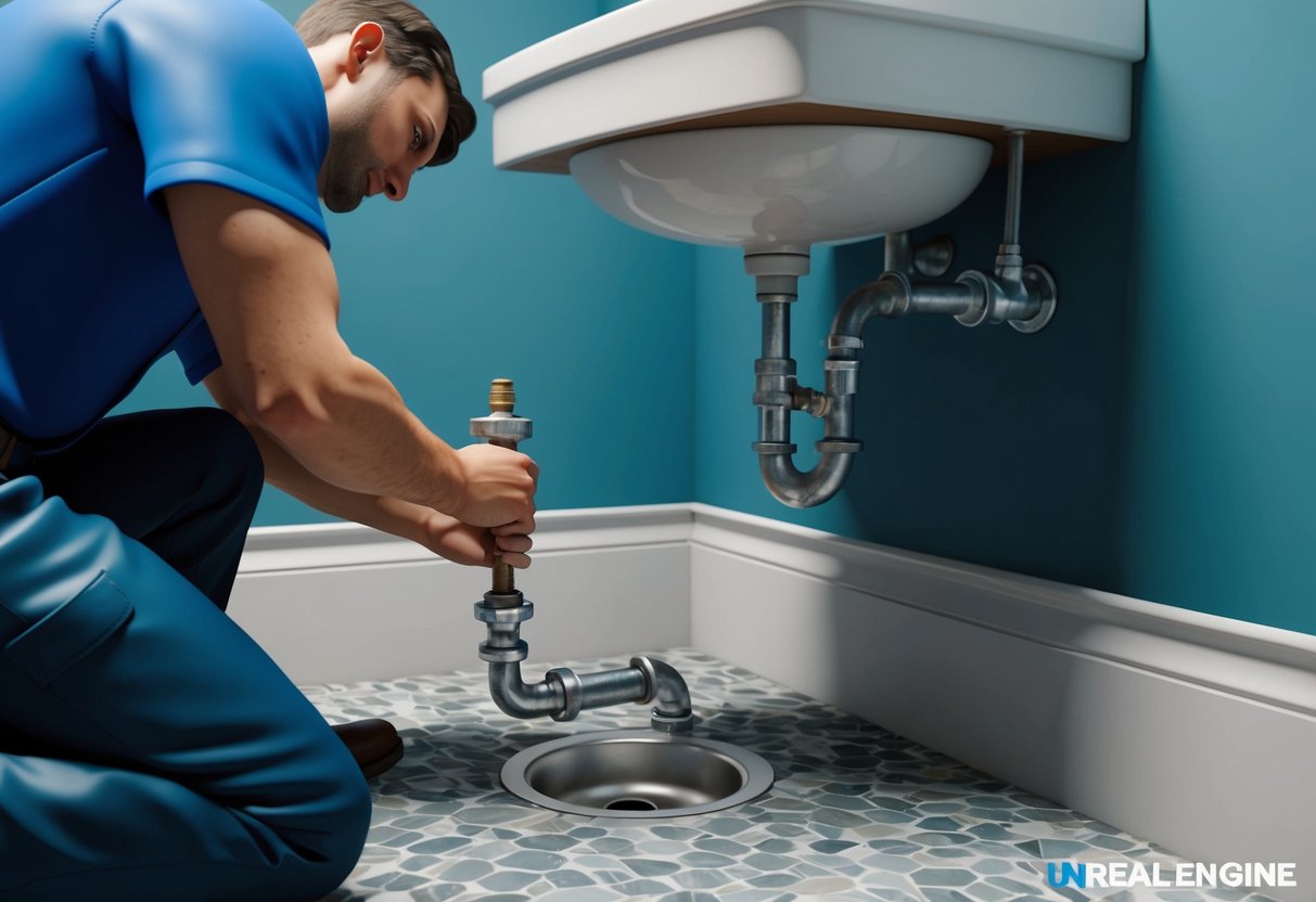 A plumber fixing a leaky pipe under a sink in a bathroom