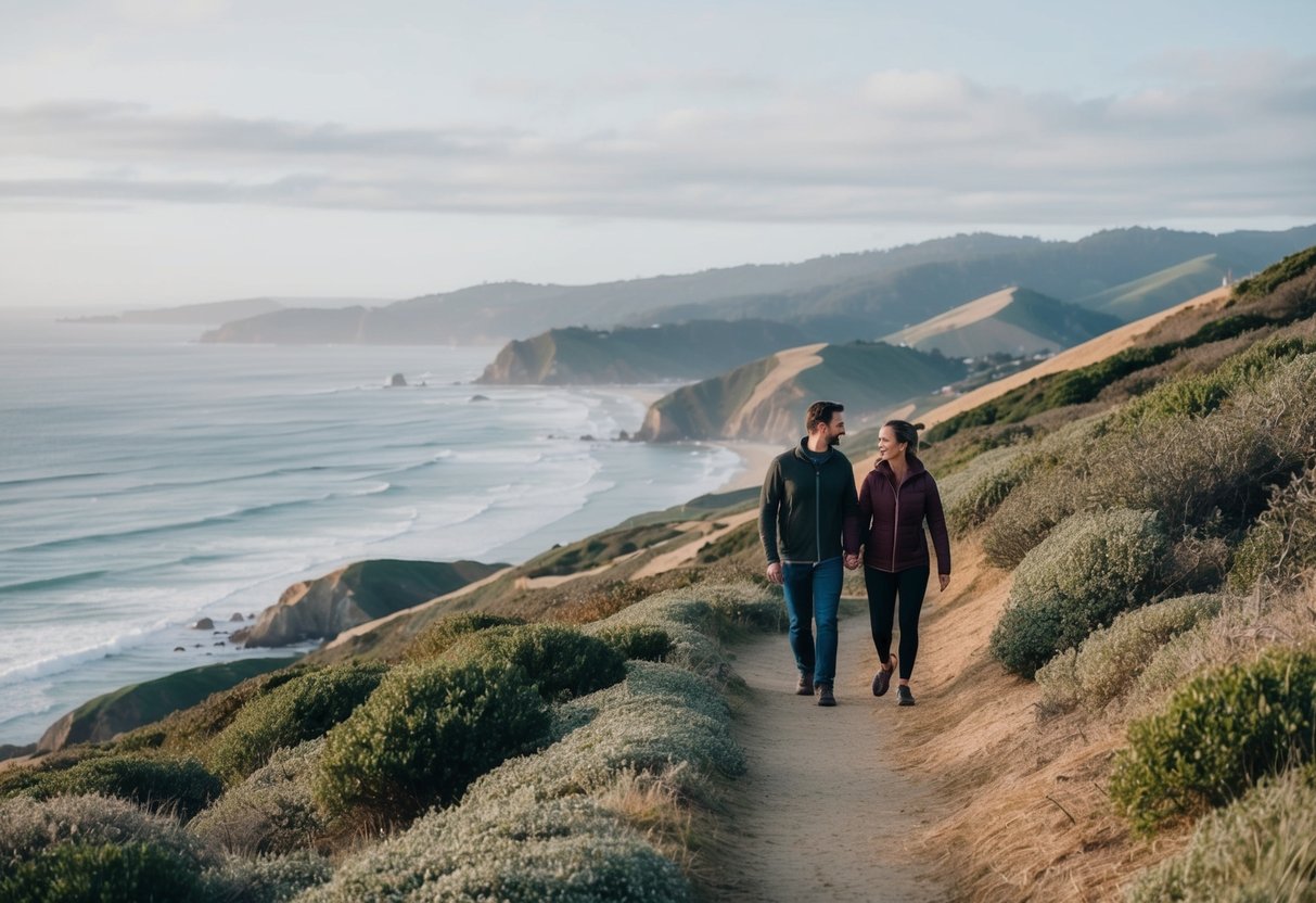 A couple hikes along a coastal trail at Point Reyes, surrounded by rolling hills and the vast expanse of the Pacific Ocean