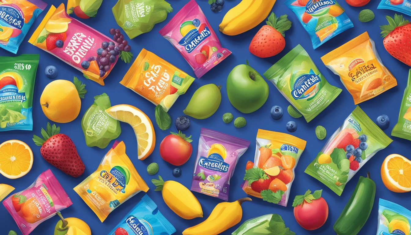 A colorful array of Capri Sun pouches surrounded by fruit and vegetable illustrations, with a prominent "11 Supposedly Healthy Kids' Snacks That Are Junk Food in Disguise" headline