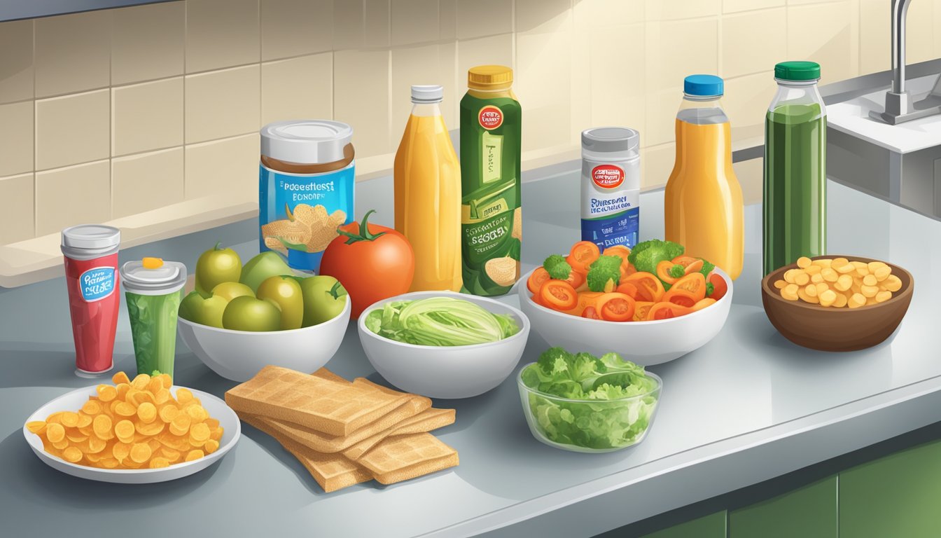 A kitchen counter with various food items, including a tub of vegetable shortening, a packet of processed snacks, and a bottle of salad dressing