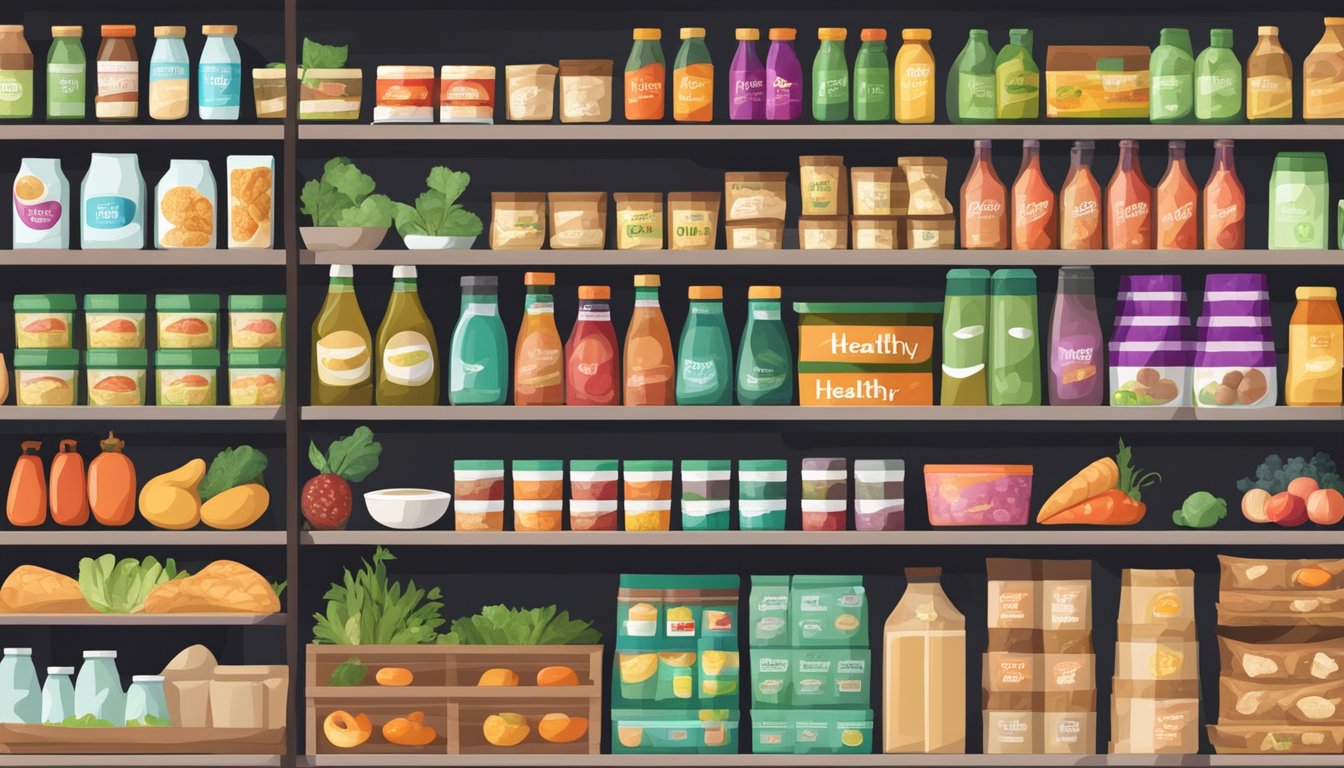 A cluttered grocery store shelf with various food products labeled as "healthy" in misleading ways