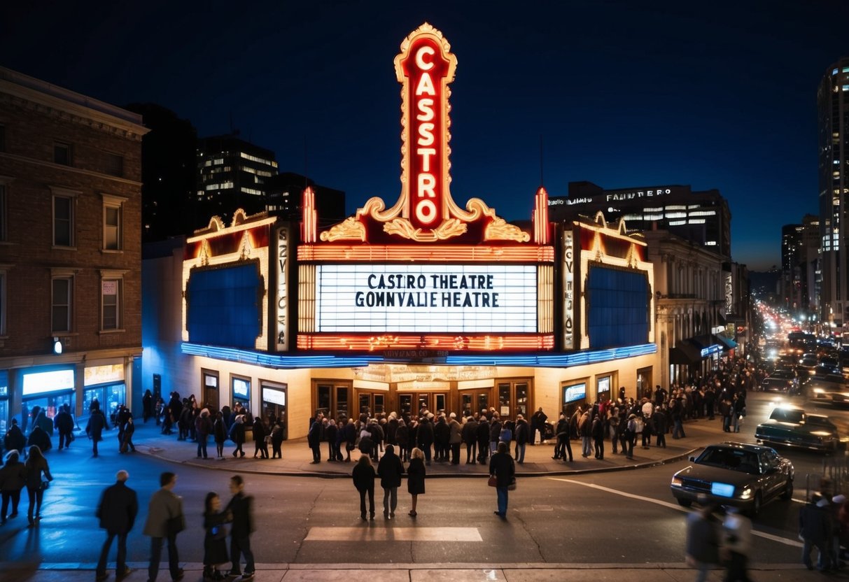 The iconic marquee of Castro Theatre glows against the night sky, surrounded by bustling city streets and a crowd of moviegoers