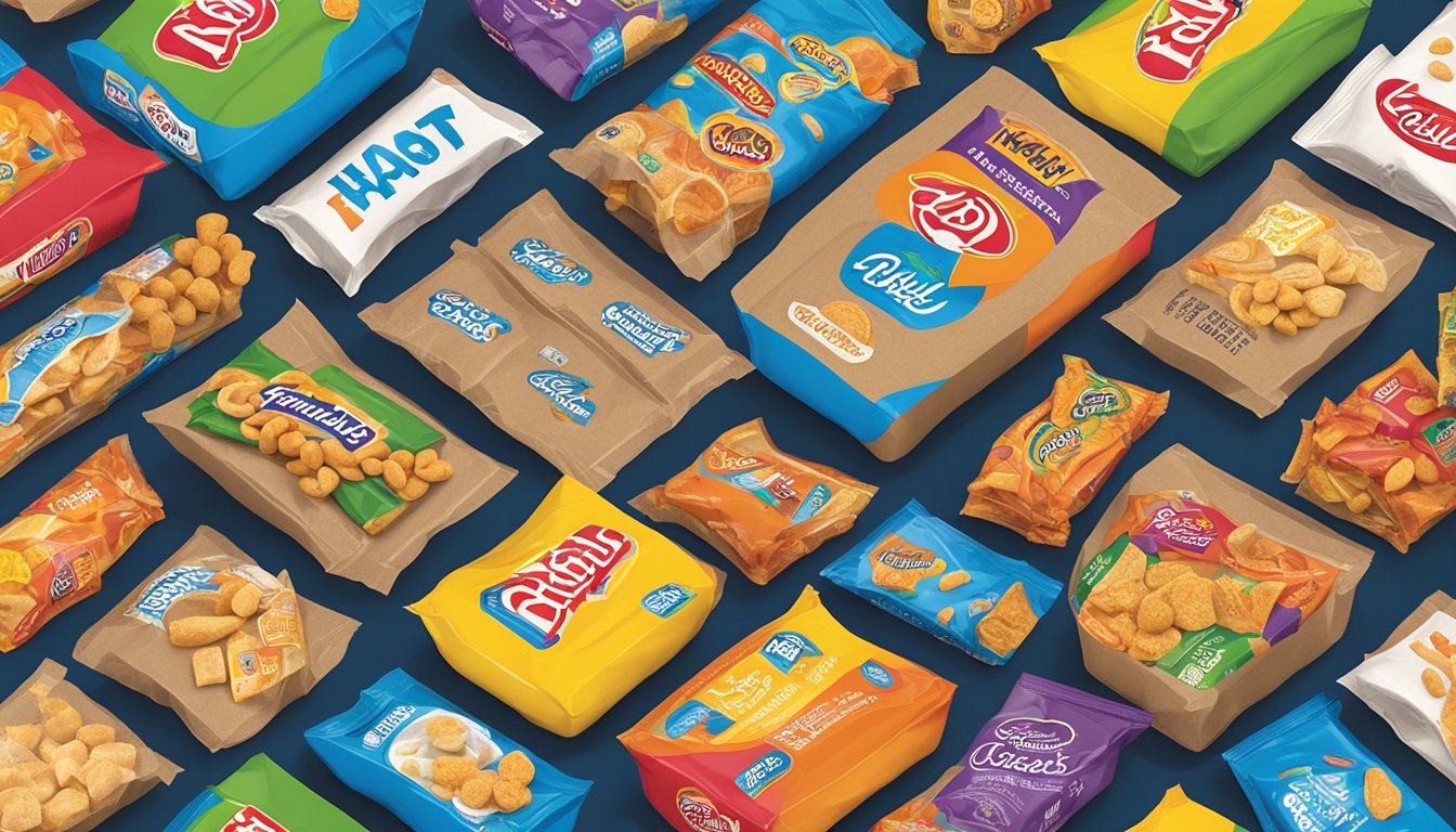 A table covered in colorful, individually packaged snacks with the Kraft Handi-Snacks logo prominently displayed