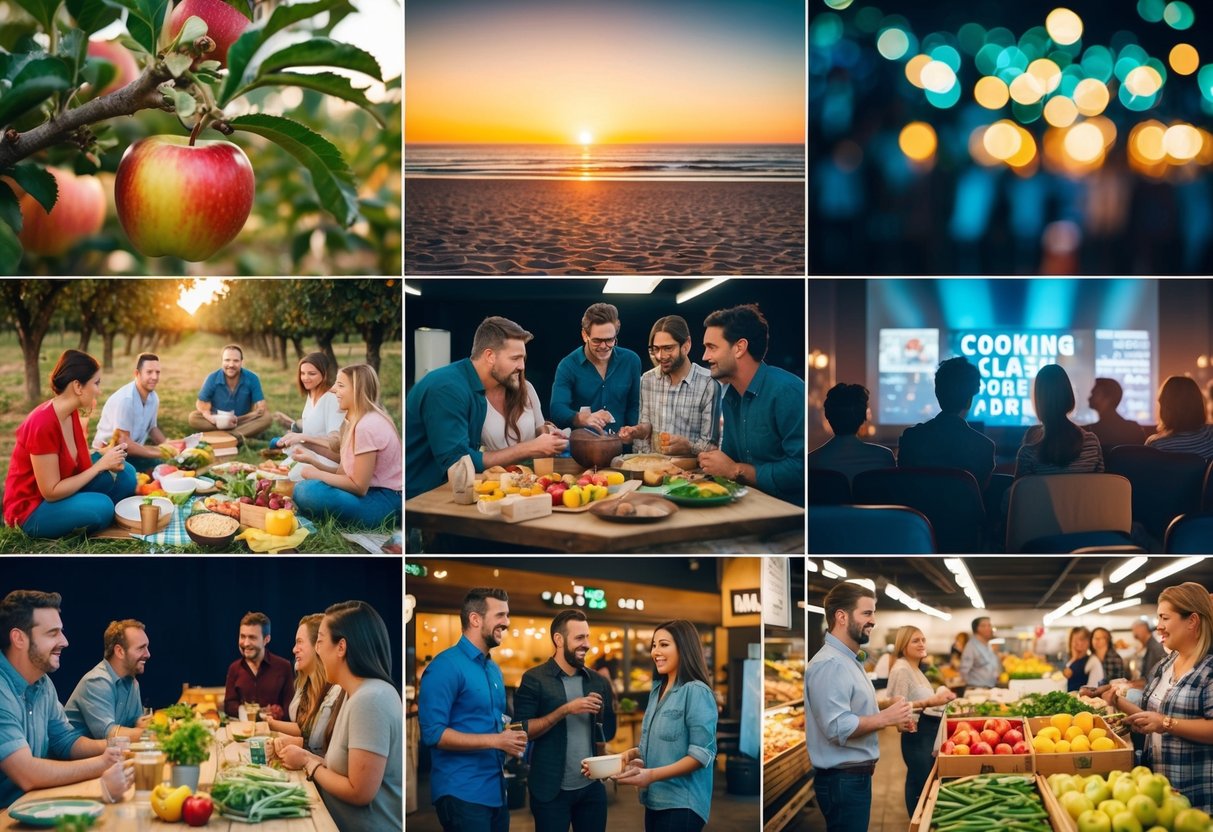 A: Apple picking in an orchard
B: Beach picnic at sunset
C: Cooking class together
D: Drive-in movie night
E: Escape room challenge
F: Farmers market visit