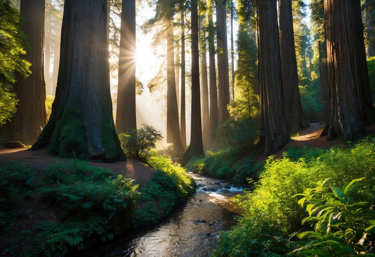 Sunlight filters through towering redwoods in Muir Woods. A gentle stream winds through the forest, surrounded by lush greenery and the sound of nature
