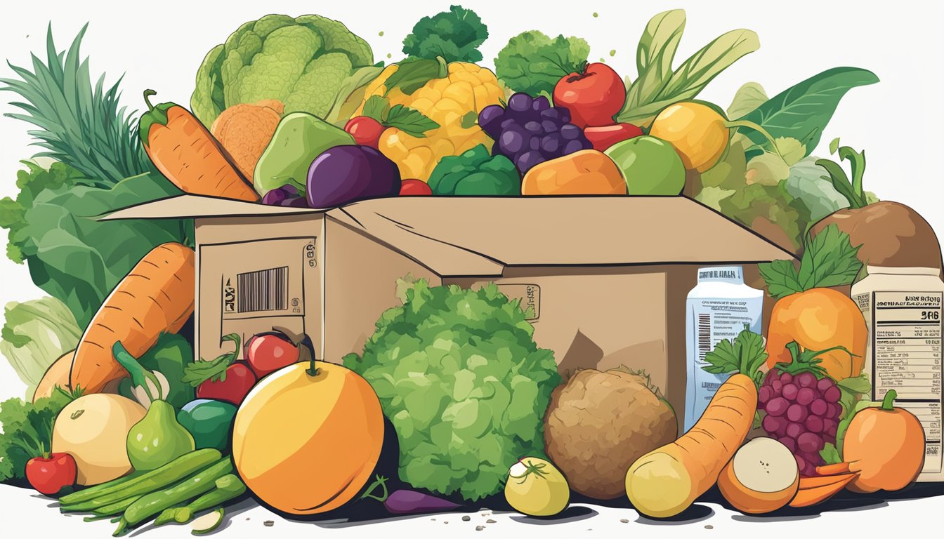 A pile of various fruits and vegetables spilling out of a torn cardboard box, surrounded by scattered nutrition labels and misleading "healthy" packaging claims