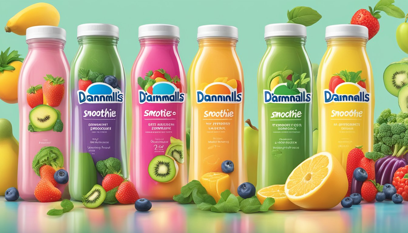 A colorful array of Danimals Smoothie bottles surrounded by fruit and vegetable illustrations, with a prominent "healthy" label juxtaposed against hidden sugar and artificial ingredients