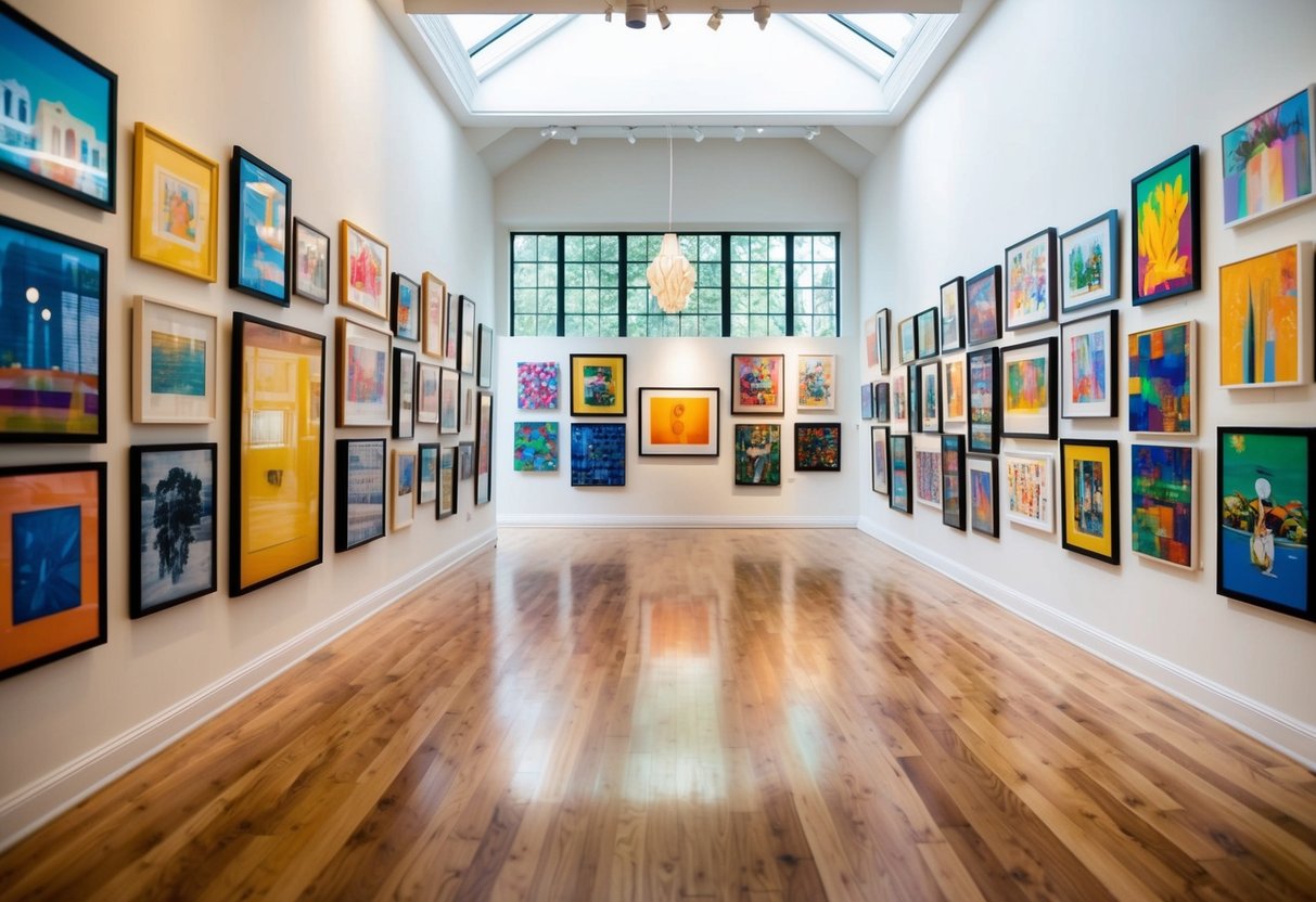 An art gallery filled with colorful and diverse artwork, with natural light streaming in through the windows, creating a warm and inviting atmosphere